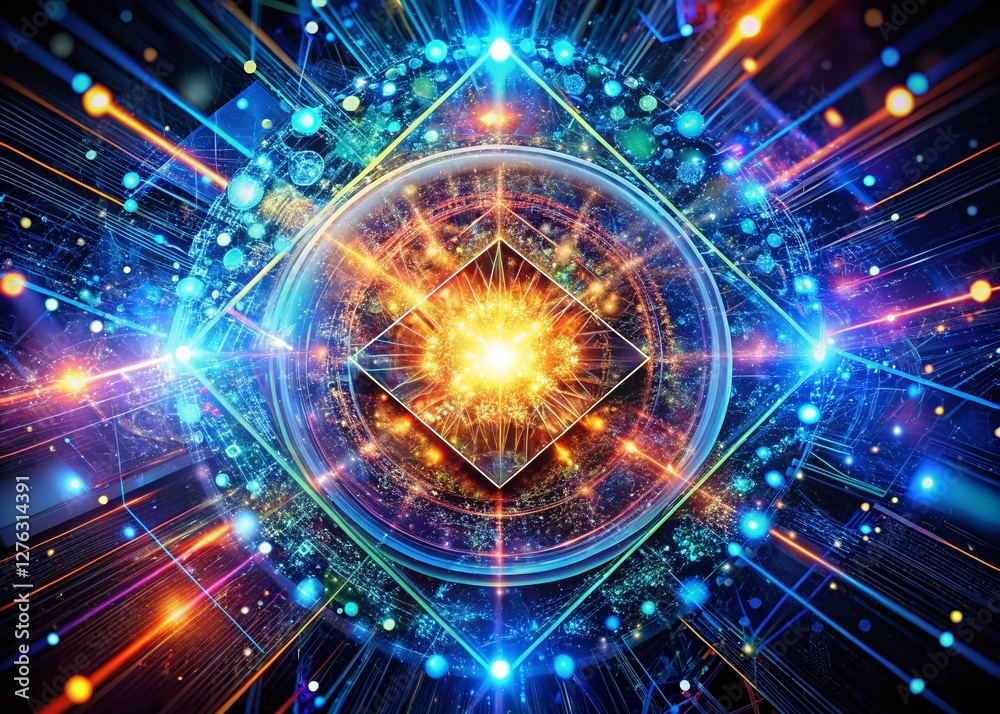 Poster quantum computing: big data visualization with plexus network effect - stock photo