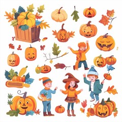 A collection of cartoonish images of pumpkins and leaves