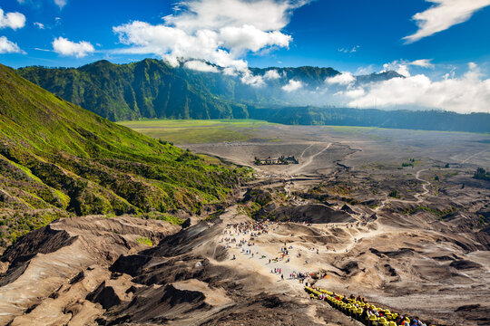 Path to Mount Bromo volcano with crowds of tourists, East Java, Indonesia