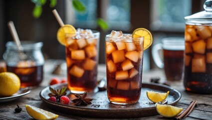Iced tea beverages served in tall glasses with lemon slices and ice cubes on a wooden table