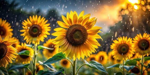 Rainy Day Sunflowers: Bokeh Photography of a Vibrant Sunflower Field