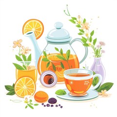 A tea set with a teapot, cup, and a glass of orange juice