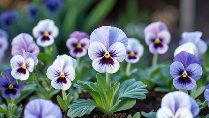 purple pansy flowers blooming in garden with green leaves and soft sunlight on petals