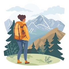 A woman is standing on a mountain top with a backpack on