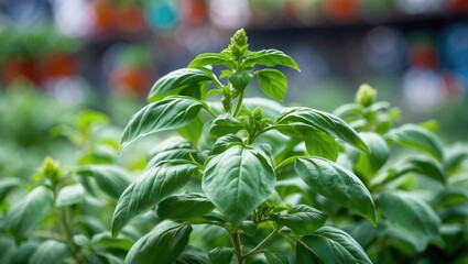Obraz premium Fresh green basil plant with vibrant leaves in a garden setting, close-up view with blurred background.