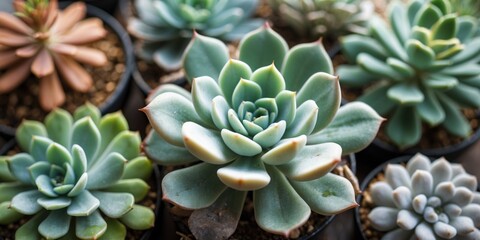 Fototapeta premium Close-up of various succulent plants in individual pots arranged together showcasing different colors and textures in natural lighting