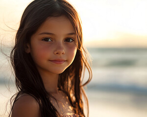 Fototapeta premium Portrait of a young girl with long dark hair standing by the beach, showcasing natural beauty and serenity in a warm, glowing sunset atmosphere.