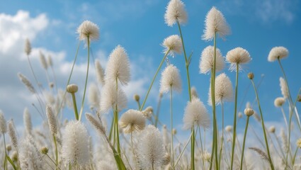 Fluffy white flowers in a field against a clear blue sky with fluffy clouds during daytime. Soft focus on flowering plants and green foliage.