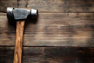 Old Hammer on Rustic Wooden Background Vintage Tool Carpentry Craftsmanship