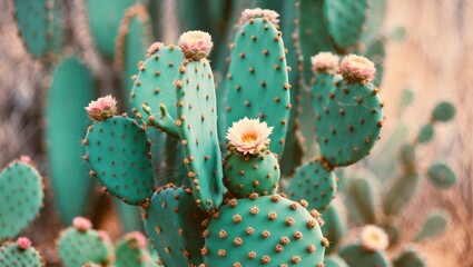 Cactus plants with pink flowers in a desert environment creating a colorful botanical scene of natural flora.