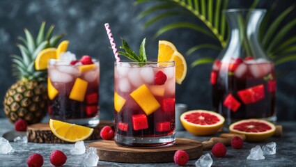 Colorful summer cocktails in glasses with fruit garnishes and ice on a slate table with tropical decor and fresh ingredients.