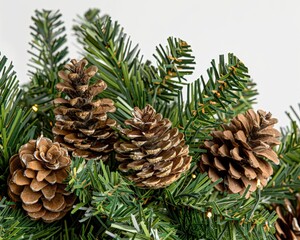 Fototapeta premium Festive holiday evergreen arrangement with pinecones, used for decoration and seasonal cheer