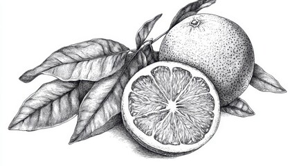 Detailed black and white grapefruit drawing with leaves and halved fruit