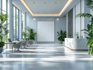 Obraz premium Modern office interior with desks and chairs in an open space setting, featuring a blank white wall on the right for copy space. 3D Rendering,