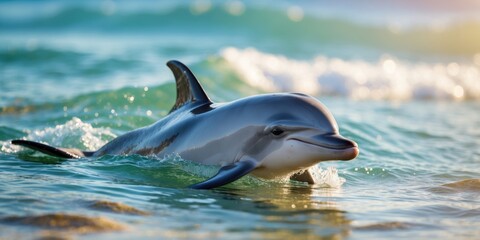 Dolphin swimming in clear blue ocean water with gentle waves and sunlight reflection on the surface