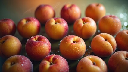 Fresh ripe peaches with water droplets arranged on a reflective surface in soft natural light