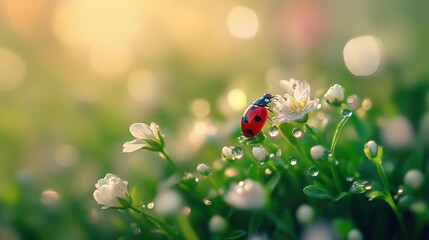 Beautiful cute ladybug with flower in Spring.