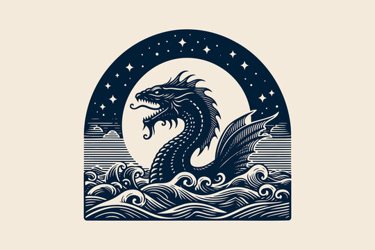 Vintage black and white engraving of Leviathan in ocean waves