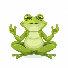 A frog is sitting in a lotus position, looking up at the camera