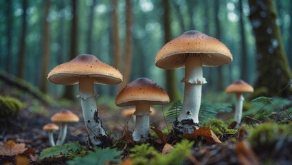 Fototapeta premium Mushrooms with brown caps and white stems growing in dense green forest with moss and leaf litter in autumn setting