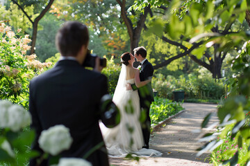 A wedding photographer takes pictures of newlyweds in the garden in summer.