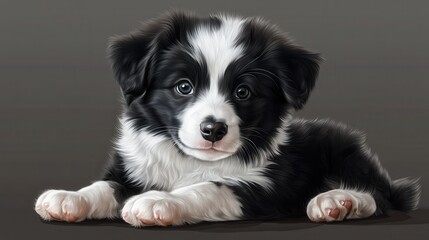 Adorable black and white puppy resting on gray background looking playful and innocent