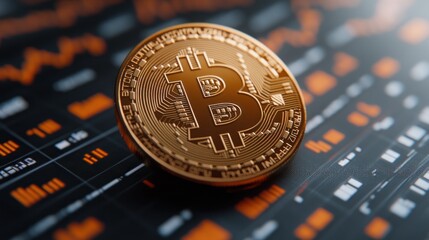 Bitcoin coin rests on fluctuating market charts
