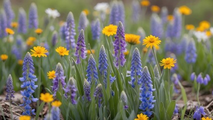 Colorful spring flower garden featuring yellow daisies and purple grape hyacinths with blurred green background