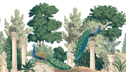 Park trees, peacock bird, classic column, plants, stone seamless border. Botanical landscape mural. © good_mood