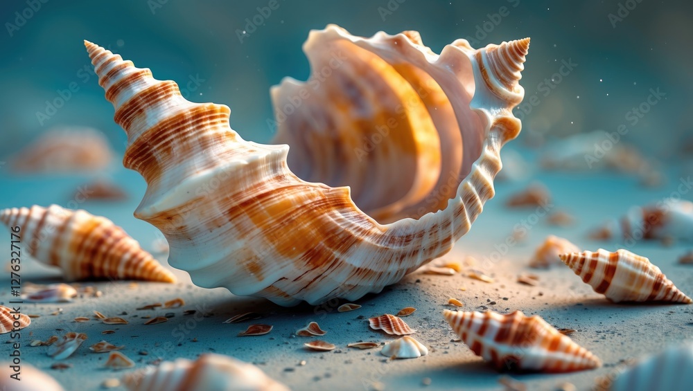 Poster detailed close-up of various seashells on sandy surface with a focus on a large conch shell and intr