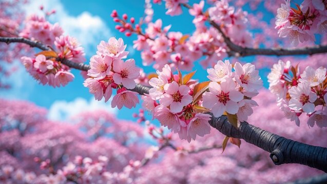 Cherry blossom tree branches with pink flowers against a blue sky in a picturesque spring landscape.