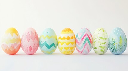 Fototapeta premium Row of Painted Easter Eggs with Watercolor Designs and Decorative Patterns on a White Surface