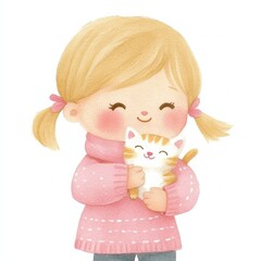 Obraz premium kitten hug watercolor style concept. A cheerful girl in a pink sweater holds a playful kitten, radiating warmth and joy.