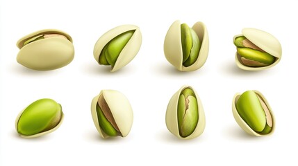 Various open pistachios displaying bright green nuts on a white background