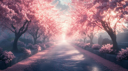 幻想的な桜並木の道と舞い散る花びらの光景