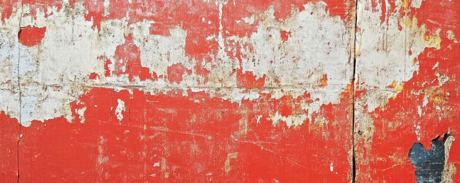 Aged Wall with Peeling Red Paint and Exposed Sublayers Detailing Texture and Decay Process
