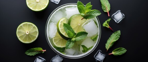 Obraz premium Mint and lime cocktail with ice cubes garnished with fresh mint leaves on dark background