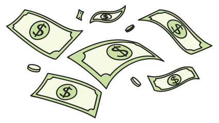 Playful Money Illustration: Green Dollar Bills in Motion