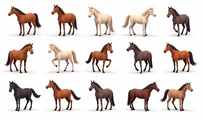 Obraz premium Colorful side-view cartoon horses in toy-like style on white background