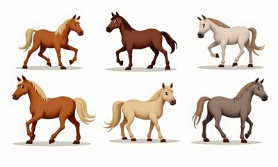 Cheerful Cartoon Horses Playfully Lined Up Against White Background
