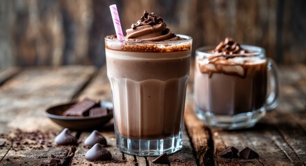 Chocolate milkshakes topped with whipped cream and chocolate shavings in glass cups on wooden table with chocolate pieces and bowl.