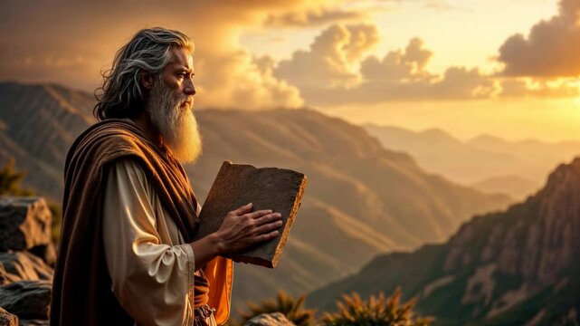 Moses, with a long white beard and ancient robes, stands on a rocky mountain at sunset, holding two stone tablets. The golden sunlight highlights the dramatic and spiritual atmosphere.