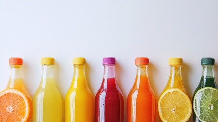 Colorful assortment of fruit-flavored beverages in glass bottles on a clean white background