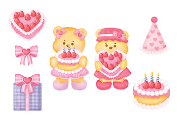 Set of birthday party with cute bear for card , birthday card