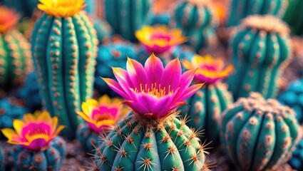 Vibrant cacti with colorful flowers in desert landscape showcasing intricate details and natural textures during sunset lighting
