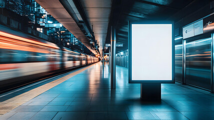 Blank Advertisement Billboard at a Modern Train Station Platform with a Blurred Train Passing by
