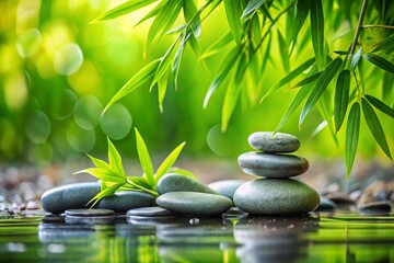 Serene Spa Wellness Background: Miniature Grey Stones & Bamboo Leaves, Tilt-Shift Photography
