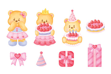 Set of birthday party with cute bear for card , birthday card