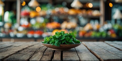 Fresh mint leaves in a wooden bowl on a rustic table with a blurred vegetable market in the background