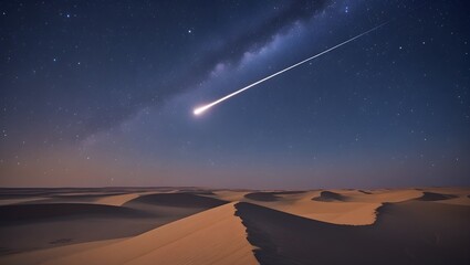 A breathtaking night scene shows a bright meteor streaking across a starry sky above tranquil sand dunes. This serene desert landscape captures the beauty of nature, ideal for cosmic themes.